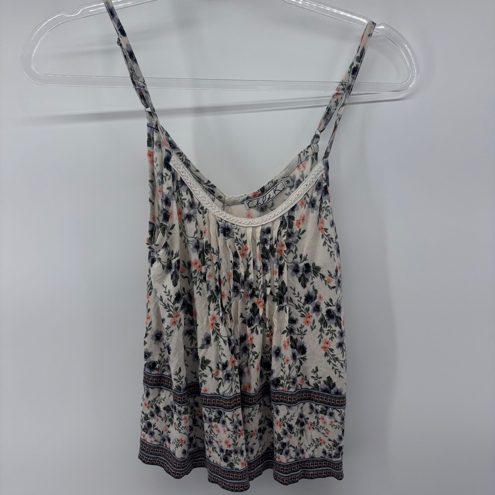 Chloe‎ K Floral Print Tank Top, Sleeveless Blouse, Crochet Trim, Bohemian